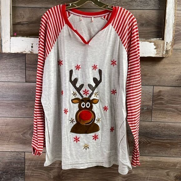 Christmas Reindeer Long Sleeve Pajama Top, Red, White, Grey - Picture 1 of 5